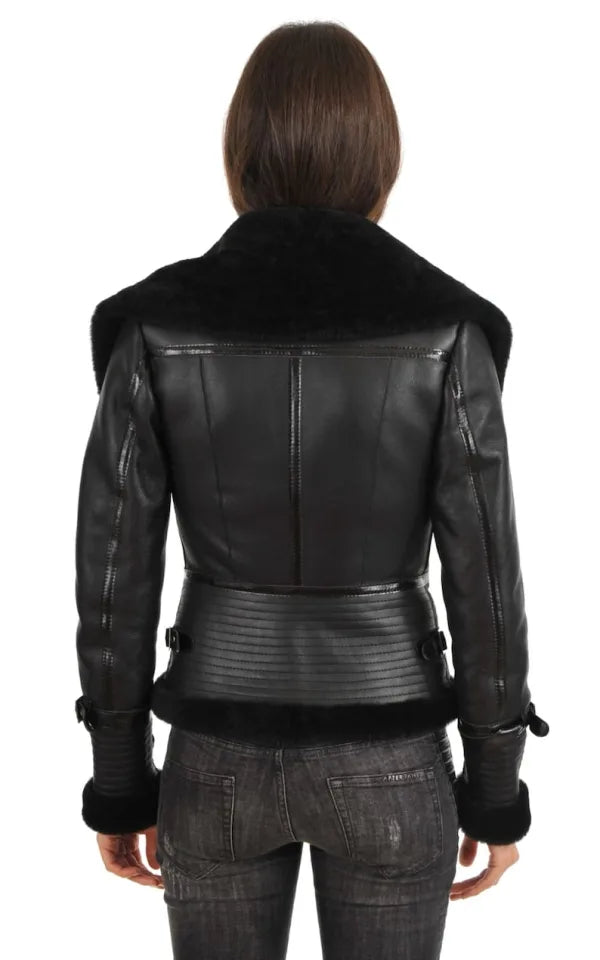 Women’s Bomber Aviator Black Shearling Leather Jacket