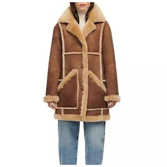 Women’s Brown Distressed Leather Shearling Trench Coat