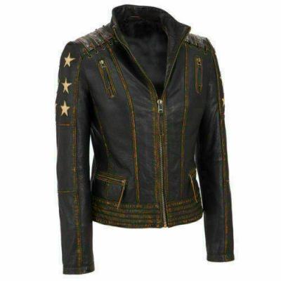 Women’s Long Sleeved Cafe Racer Leather Jacket