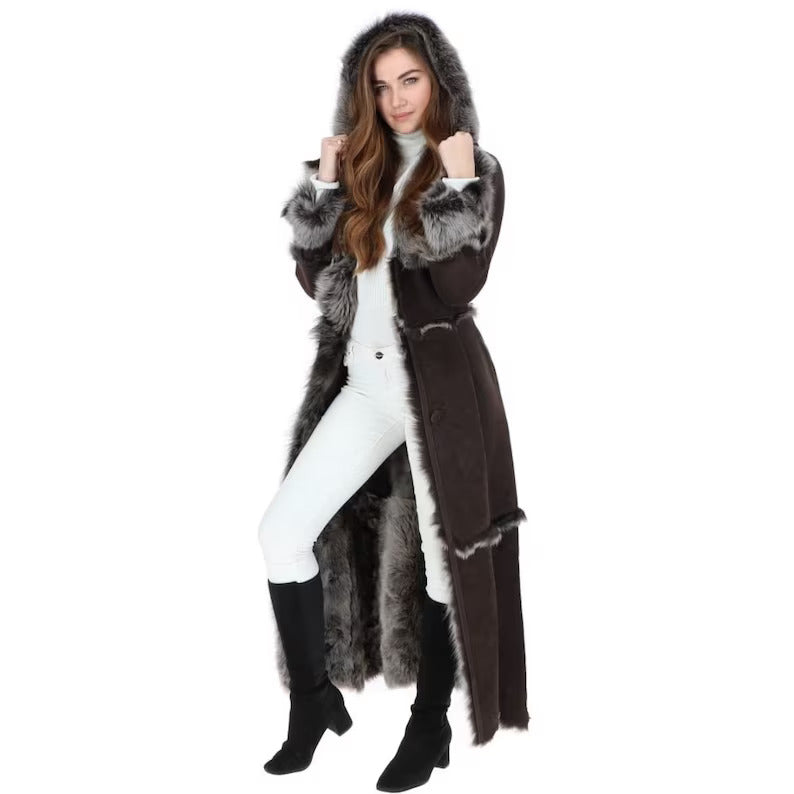 Women’s Penny Lane Long Leather Trench Coat Shearling Fur Coat