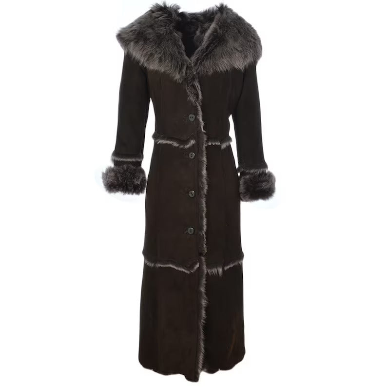 Women’s Penny Lane Long Leather Trench Coat Shearling Fur Coat