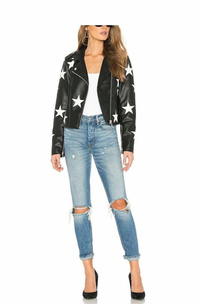 Women’s Vintage Biker Unique Stars Black Retro Leather Jacket