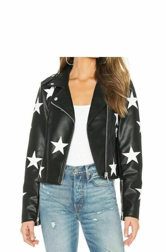 Women’s Vintage Biker Unique Stars Black Retro Leather Jacket