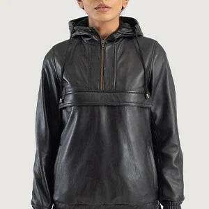 Zest Black Hooded Leather Pullover Jacket