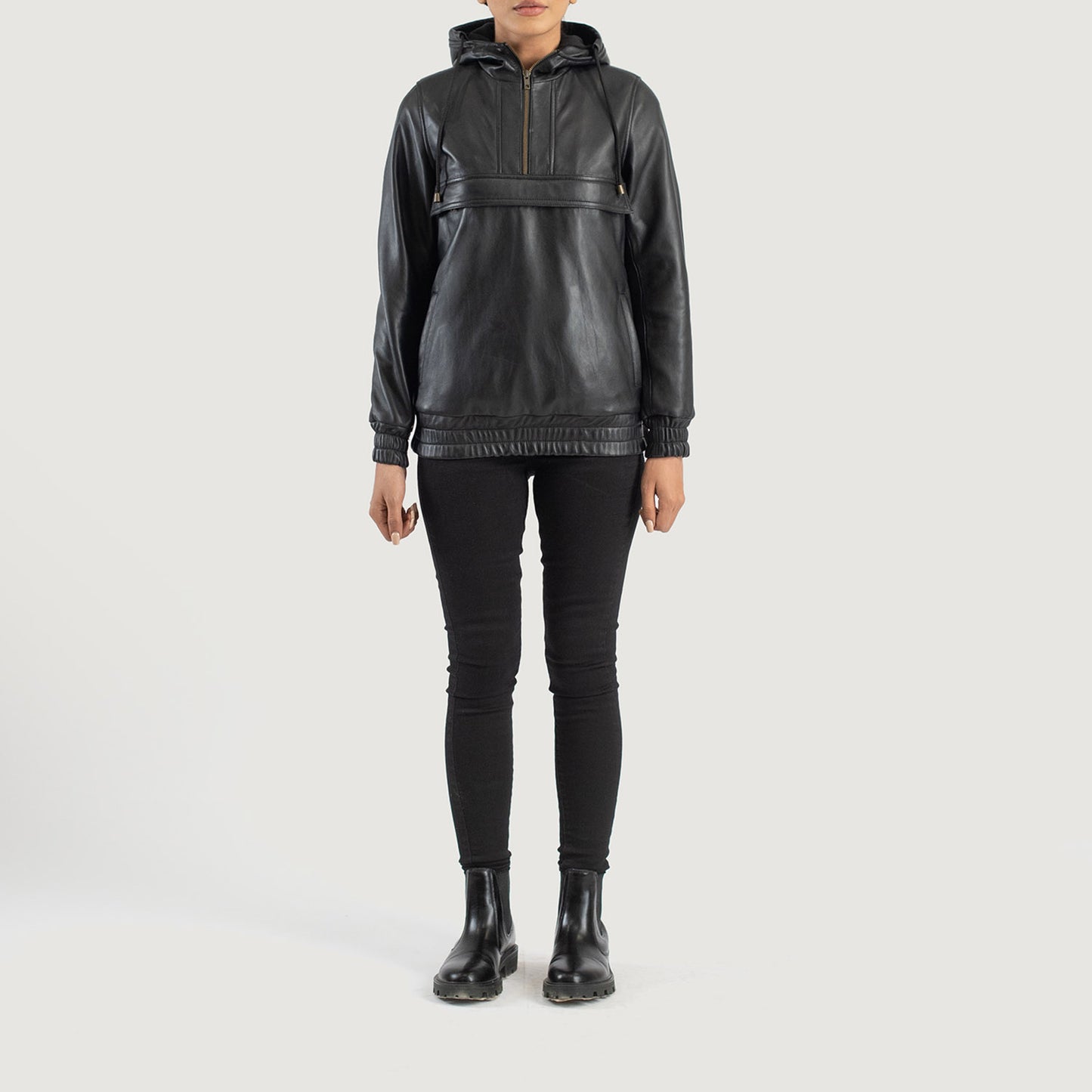 Zest Black Hooded Leather Pullover Jacket