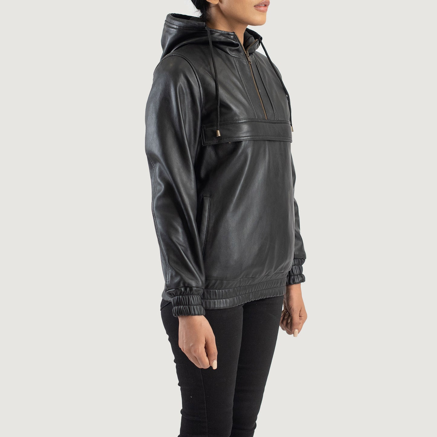 Zest Black Hooded Leather Pullover Jacket