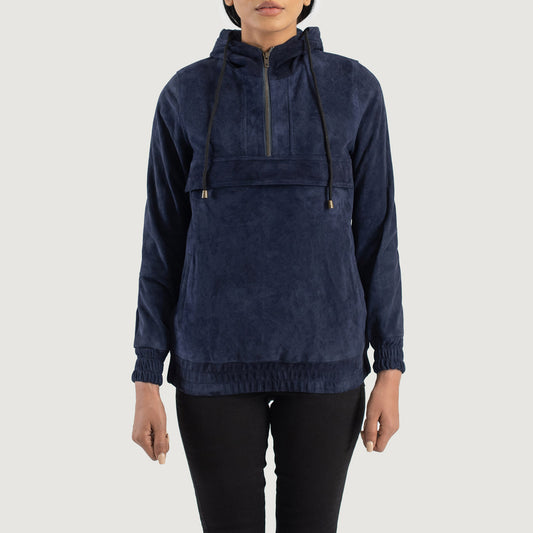 Zest Blue Hooded Suede Pullover Jacket