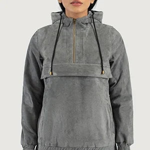 Zest Grey Hooded Suede Pullover Jacket